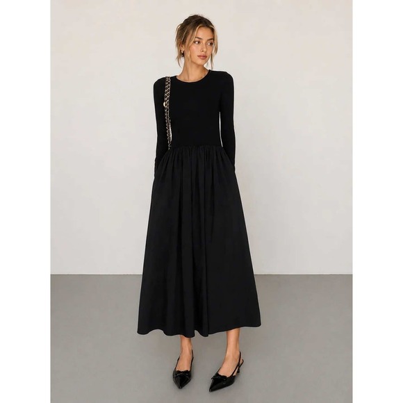 Commense Dresses & Skirts - Commense Black Long Sleeve Drop Waist Maxi Dress with Pockets Crew Neck Knit Top